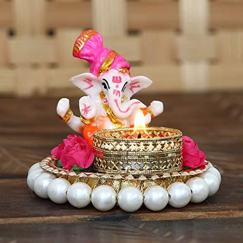 JaipurCrafts Lord Ganesha Idol on Decorative Handcrafted Plate for Home and Car Decorative Showpiece - 8 cm (Polyresin, Pink, White)
