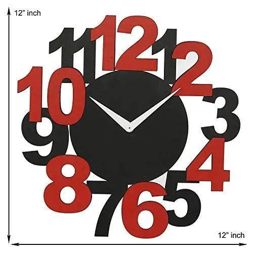 Webelkart New and Improved Stylish Beautiful Big Numbers Round Wood Wall Clock (30 cm x 30 cm x 2.8 cm, Black, Red)- Without Glass