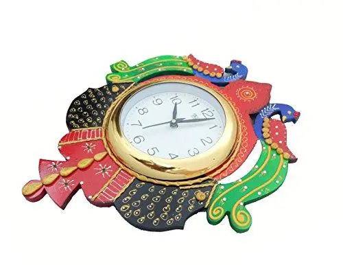 JaipurCrafts Wooden Peacock Emboss Painting Wall Clock (12 X 14 Inch, Multicolour)