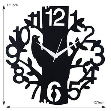 JaipurCrafts Designer Tree and Bird Round Wood Wall Clock (Black)