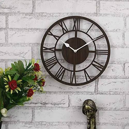 Webelkart Improved Roman Beautiful Round Wood Wall Clock (12 Inch x 12 Inch, Brown)- Without Glass