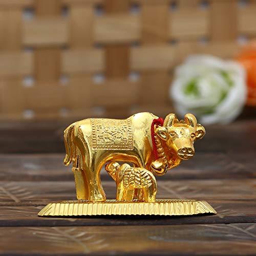 JaipurCrafts Gold Small Kamdhenu Cow and Calf Showpiece - 5.5 cm (Aluminium)