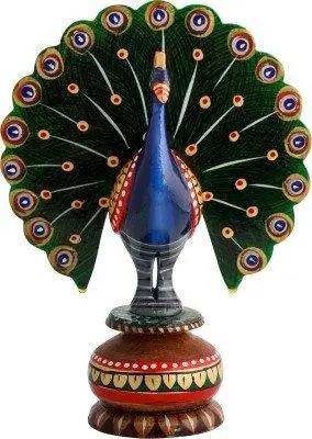 JaipurCrafts Dancing Peacock Painted Showpiece - 10.2 cm (Wood, Multicolor)