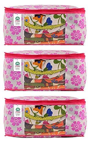 JaipurCrafts 3 Pieces Premium Flowers Print Non Woven Saree Cover Set, Pink (45 x 35 x 21 cm),Large