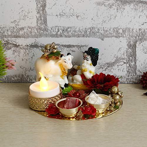 Webelkart Premium Lord Krishna & Cow with Roli Chawal Decorative Handcrafted Tealight Holder for Home Decorative Showpiece - 4.75 x 4.75 x 2.75 inch (Poly-Resin, Multi Color)