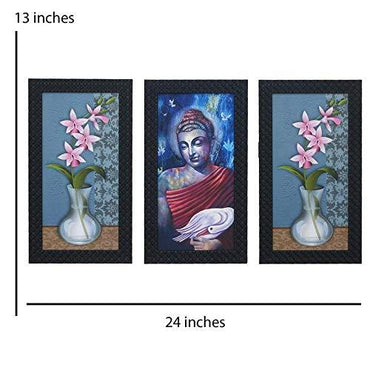 JaipurCrafts Gautam Buddha Set of 3 Large Framed UV Digital Reprint Painting (Wood, Synthetic, 33 cm x 61 cm)