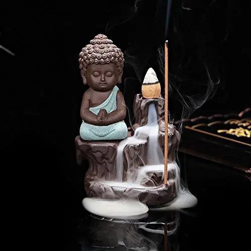 JaipurCrafts Maditating Monk Buddha Smoke Back flow Cone Incense Holder| Decorative Showpiece- with 6 free Smoke Back flow Scented Cone Incenses