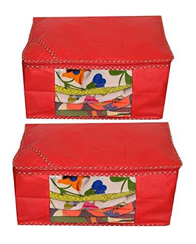 JaipurCrafts Non Woven Saree Cover Set/Wardrobe Organizer/Storage Bag, Red (45 x 35 x 22 cm)-Pack of 2