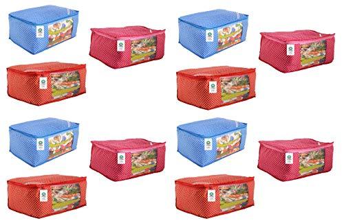 JaipurCrafts Premium Quilted Polka Dots Cotton Saree Cover Set/Wardrobe Organizer/Storage Bag, Blue, Red, Pink (46 x 35 x 22 cm)-Pack of 6
