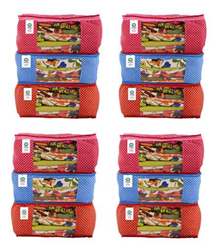 JaipurCrafts Premium Quilted Polka Dots Cotton Saree Cover Set/Wardrobe Organizer/Storage Bag, Blue, Red, Pink (46 x 35 x 22 cm)-Pack of 6