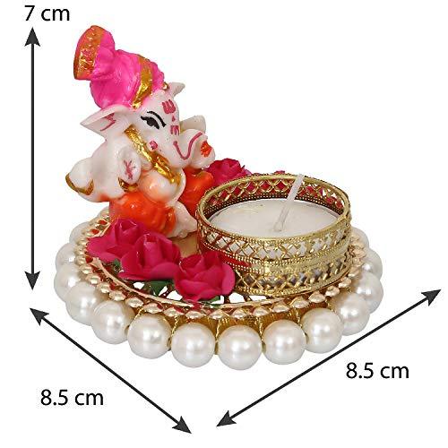 JaipurCrafts Lord Ganesha Idol on Decorative Handcrafted Plate for Home and Car Decorative Showpiece - 8 cm (Polyresin, Pink, White)