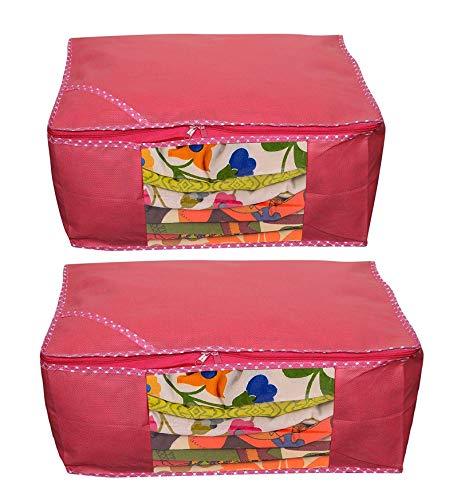 JaipurCrafts Non Woven Saree Cover Set/Wardrobe Organizer/Storage Bag, (45 x 35 x 22 cm)-Pack of 2 (Non Woven-Pink)