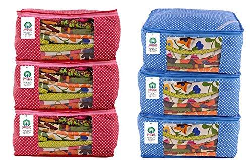 JaipurCrafts Combo of Quilted Polka Dots Cotton Saree Cover Set/Saree Storage Bag, (40 x 30 x 20 cm)-Pack of 6 (Cotton-Pink,Blue)