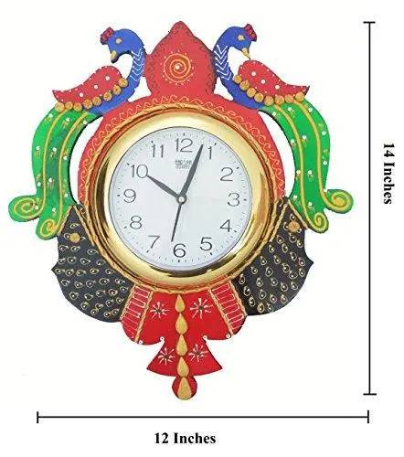 JaipurCrafts Wooden Peacock Emboss Painting Wall Clock (12 X 14 Inch, Multicolour)