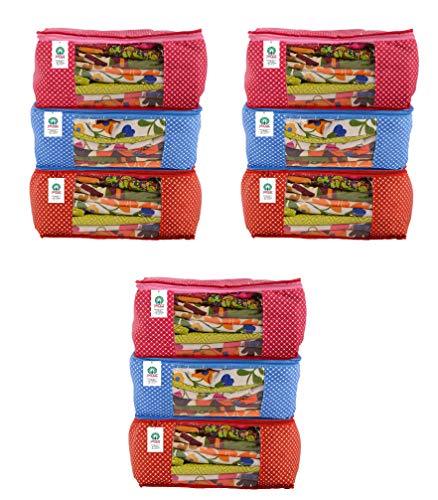 JaipurCrafts 9 Pieces Quilted Polka Dots Cotton Saree Cover Set, Blue, Red, Pink (46 x 35 x 22 cm)
