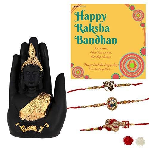 Webelkart Resin Rakhi With Palm Buddha Showpiece, Medium, Multicolour, 3 Rakhi, 1 Packet Roli Chawal, 1 Best Wishes Card, 1 Premium Showpiece