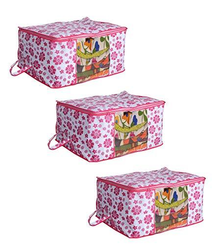 JaipurCrafts 3 Piece Underbed Storage Bag,Storage Organiser,Blanket Cover with Zippered Closure and Handle (Flower Print, 65 x 47 x 33 cm)- Extra Large