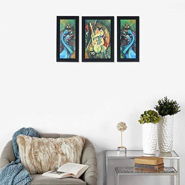 JaipurCrafts Lord Ganesha Set of 3 Large Framed UV Digital Reprint Painting (Wood, Synthetic, 36 cm x 61 cm)