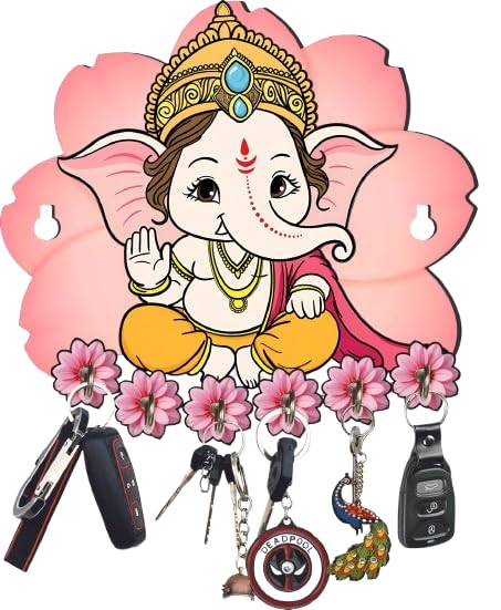 Webelkart Premium Printed Wooden Cute Ganesha Key Holder for Home/Office Decor, Key Hanger for Wall Decor. (10" Inches)