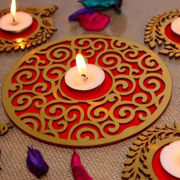 Webelkart Premium Wooden Peacock Shape Rangoli Shape Tealight Holder| Diwali Gift Item, Festival Decorative Item Tealight Candle Holder Multicolor Set Of 5