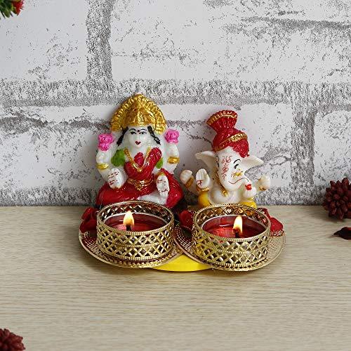 Webelkart Premium Laxmi Ganesha Idol on Decorative Handcrafted Tealight Holder for Home Decorative Showpiece - 3 Inch (Poly-Resin, Multi Color)