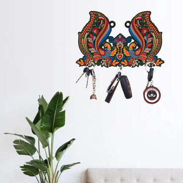 JaipurCrafts Premium Peacock Shape Printed Wooden key holder for home and office decor (Multi, 10 x 6 inches)