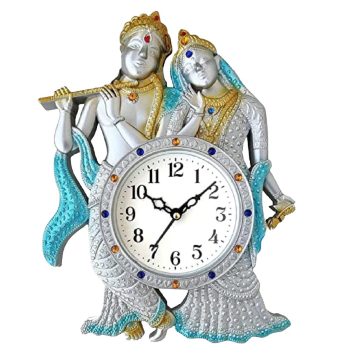 Webelkart Premium Radhe Krishna Playing Flute Unique Style Plastic Analog Wall Clock for Home and Office Decor| Wall Clock for Living Room( 13 in, Silver)