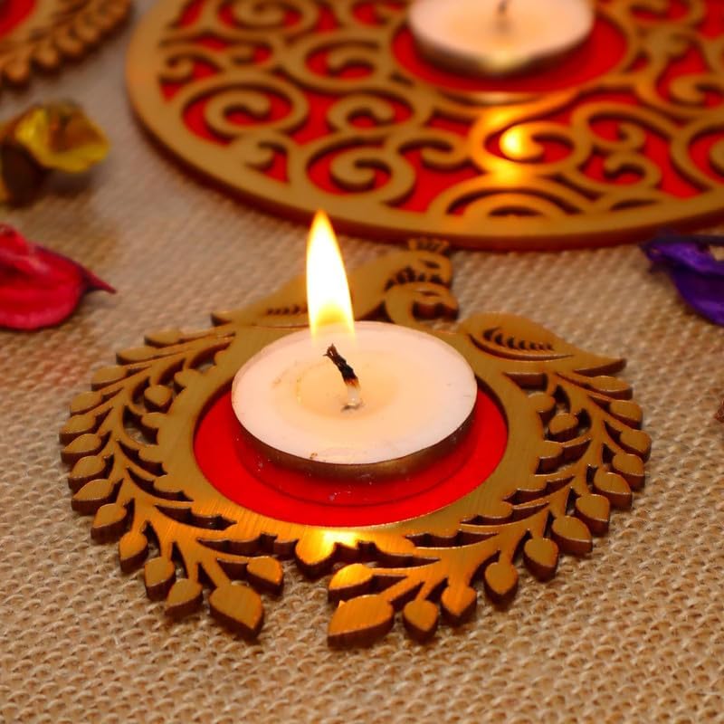 Webelkart Premium Wooden Peacock Shape Rangoli Shape Tealight Holder| Diwali Gift Item, Festival Decorative Item Tealight Candle Holder Multicolor Set Of 5
