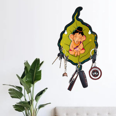 JaipurCrafts Premium Leaf Ganesha Shape Printed Wooden key holder for home and office decor (Multi, 10 inches)