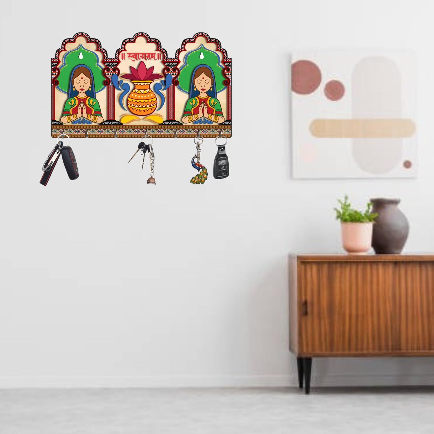 Webelkart Premium HD UV Rajasthani Print Wooden Key Holder for Home/Office Decor-Keychain Holder for Wall Decor, Wall Decor Key Holder,Home Decor Item (12x 8 Inches)