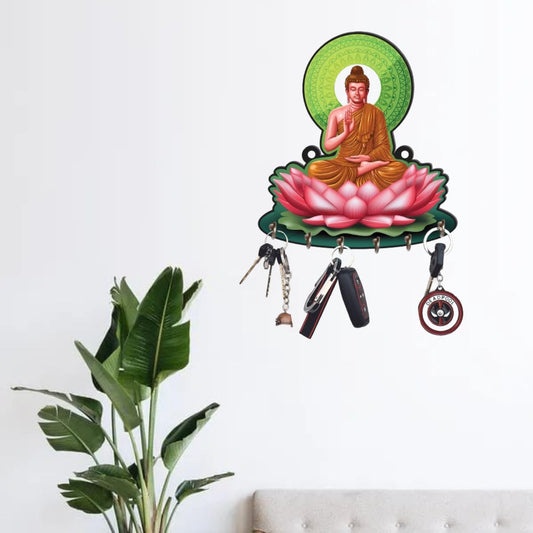 JaipurCrafts Premium Sitting Medidating Gautam Buddha Printed Wooden key holder for home and Office Decor (Multi, 9.5 inches)