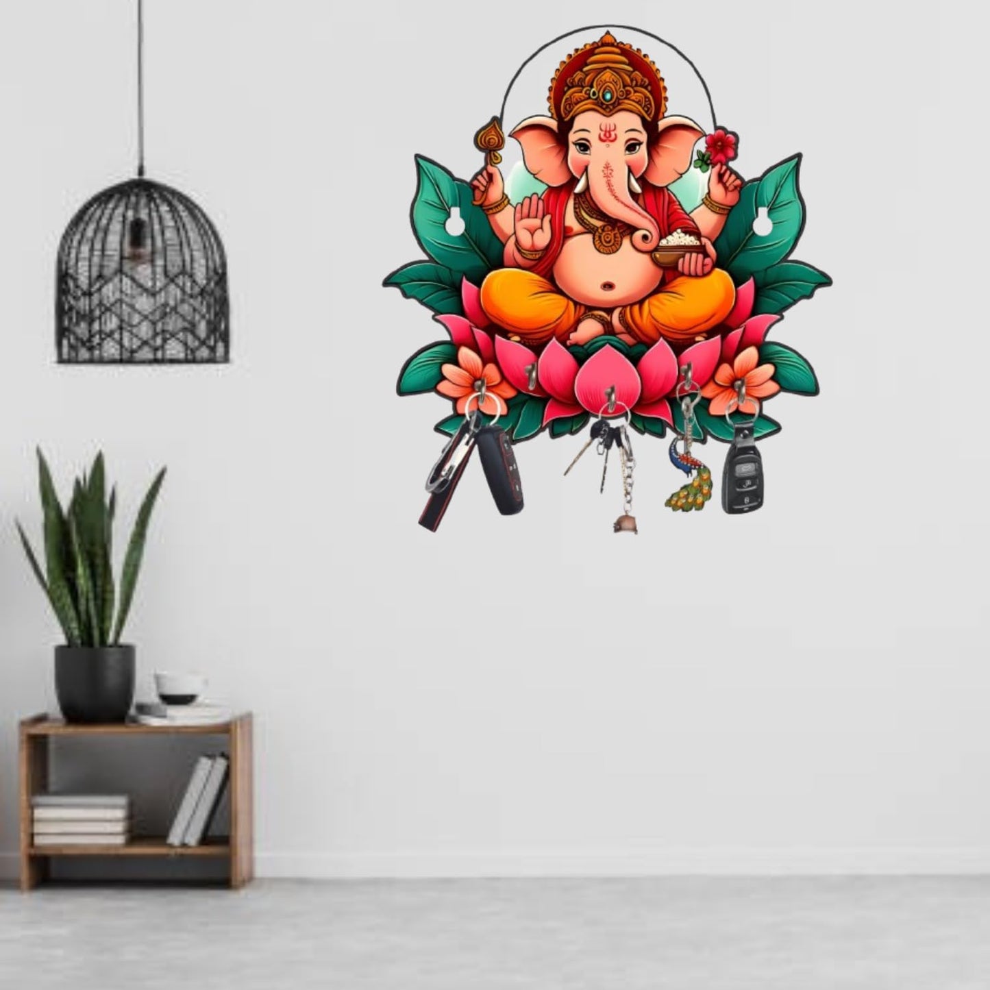 Webelkart Antique Printed Wooden Ganesha Key Holder for Home/Office Decor, Key Hanger for Wall Decor,Key Holder for Home Decor,Key Chain Holder (10" Inches)