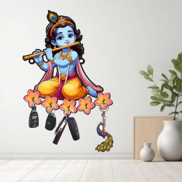 Webelkart Premium Wooden Key Holder for Home/Office Decor/Key Hanger for Wall Decor,Decorative Item for Home (Krishna Playing Flute)
