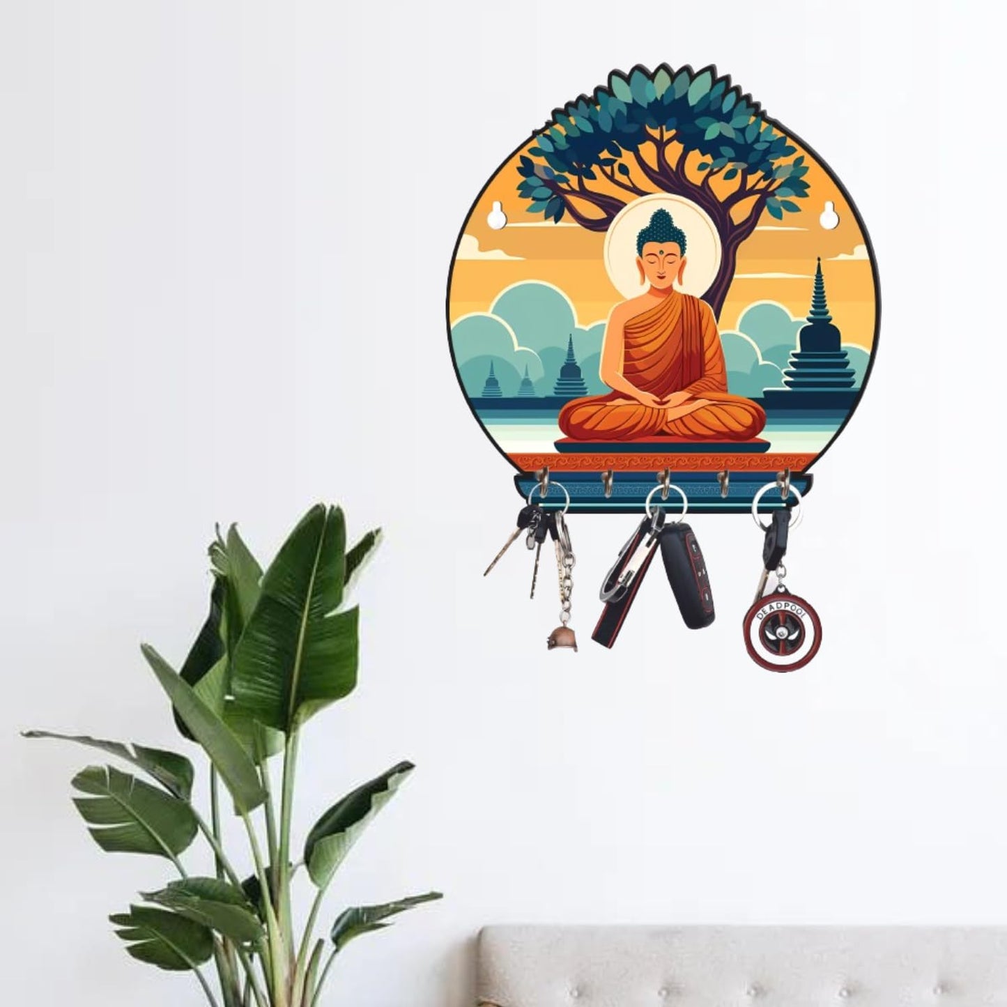 JaipurCrafts Premium Meditating Gautam Buddha Printed Wooden key holder for home and office decor (Multi, 10 inches)