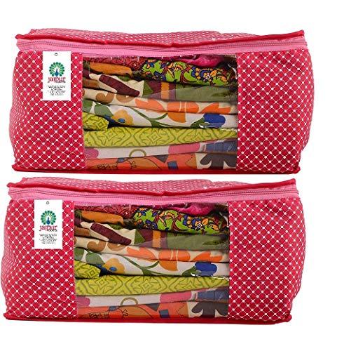 JaipurCrafts Quilted Polka Dots Cotton Saree Cover Set/Saree Storage Bag, (40 x 30 x 20 cm)-Pack of 2 (Cotton-Pink)