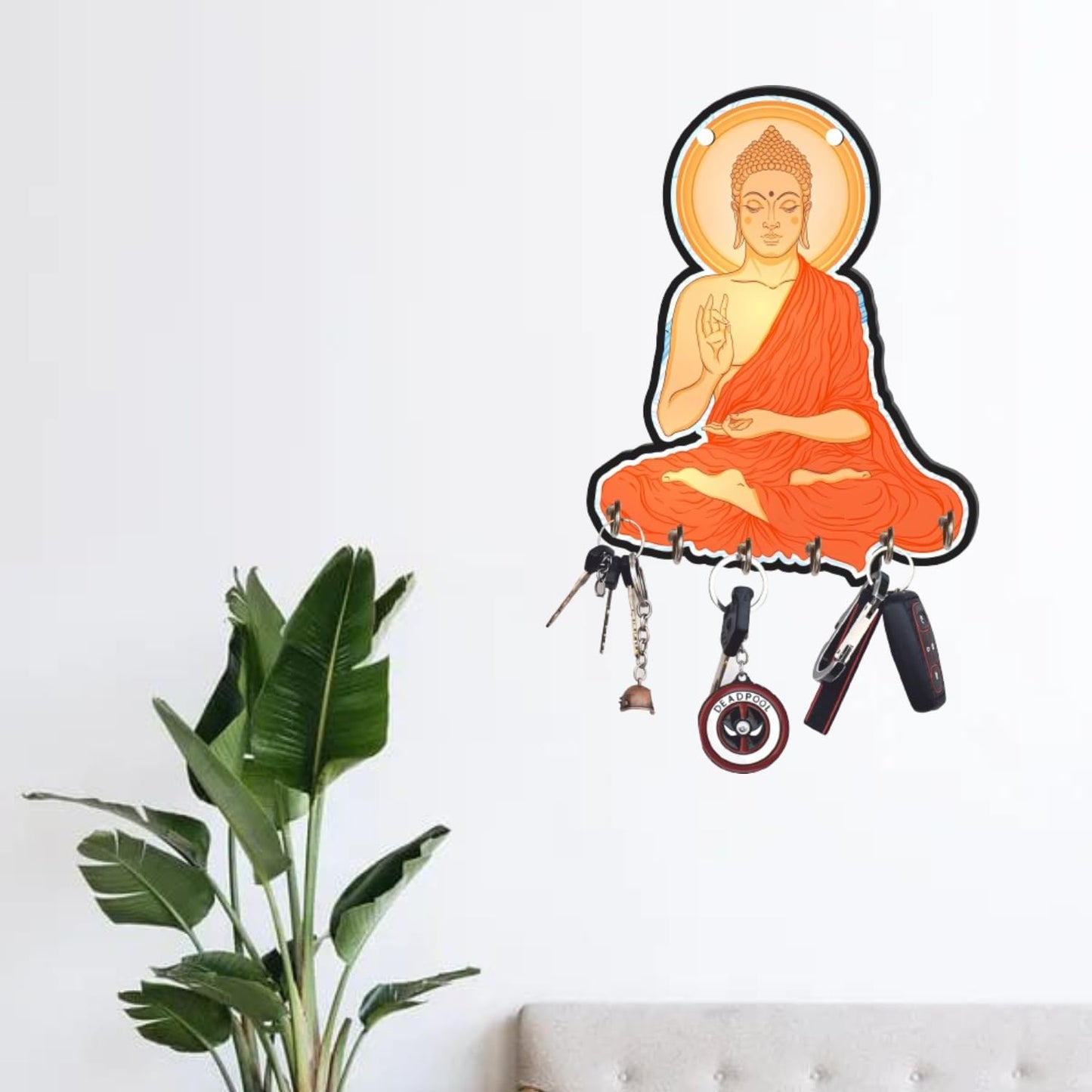 JaipurCrafts Premium Sitting Meditating Gautam buddha Printed Wooden key holder for home and office decor, keychain holder for home (multi, 9 inches)