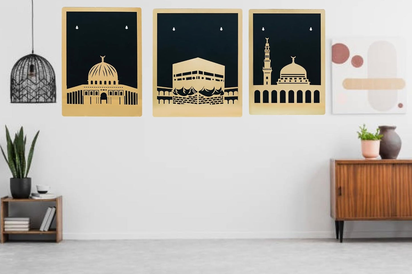 Webelkart Premium Set Of 3 Laser Cut Wooden Islamic Wall Art, Wall Hanging For Home/Office Decor,Muslim Wall Art For Living Room Decor,Masjid Al Aqsa,Masjid An-Nabawi,Masjid Al Kaaba