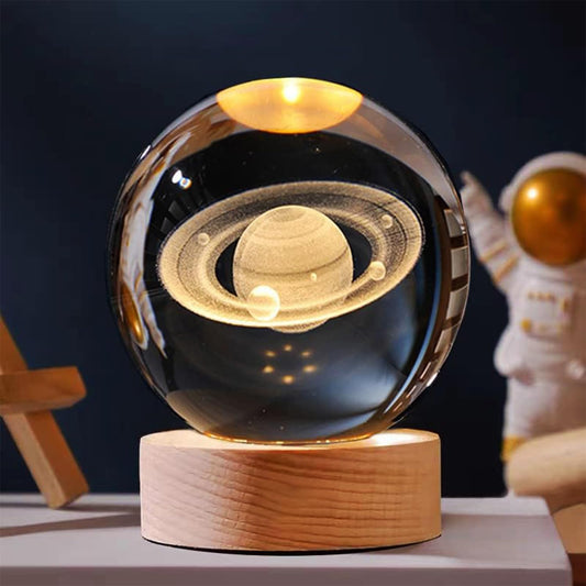 Webelkart Premium Saturn 3D Crystal Moon Light Ball Night Light with Wooden Base,Night Light with USB,LED Lamp 3D Crystal Moon Lamp with Warm White Dimmable LED Diwali Decor Item(3" Inches)
