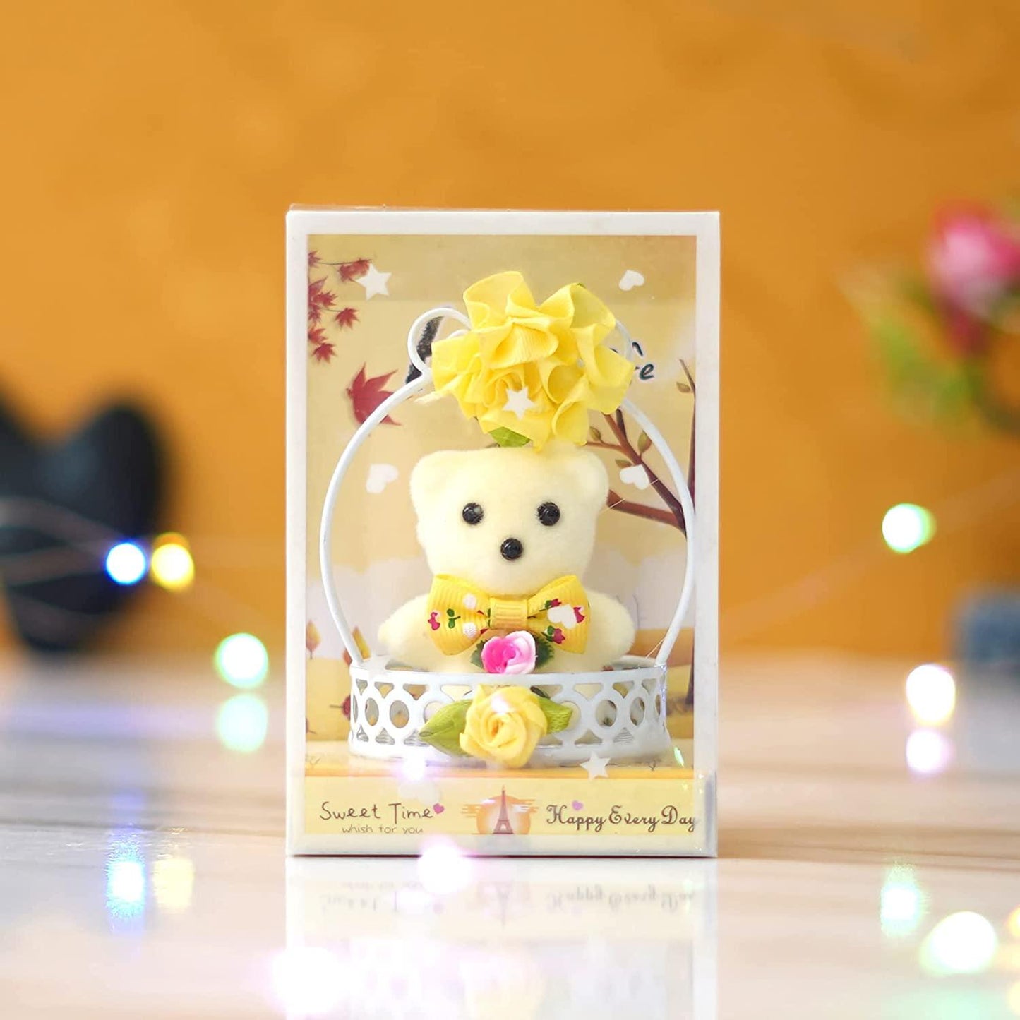 Webelkart®Premium Valentine Heart Shape Box with 3 Pink Roses,1Teddy and 1 Artificial Gold Rose and Cute Little Teddy in Basket Showpiece for Her / Girlfriend / Wife / Fiancee / Valentines Day.