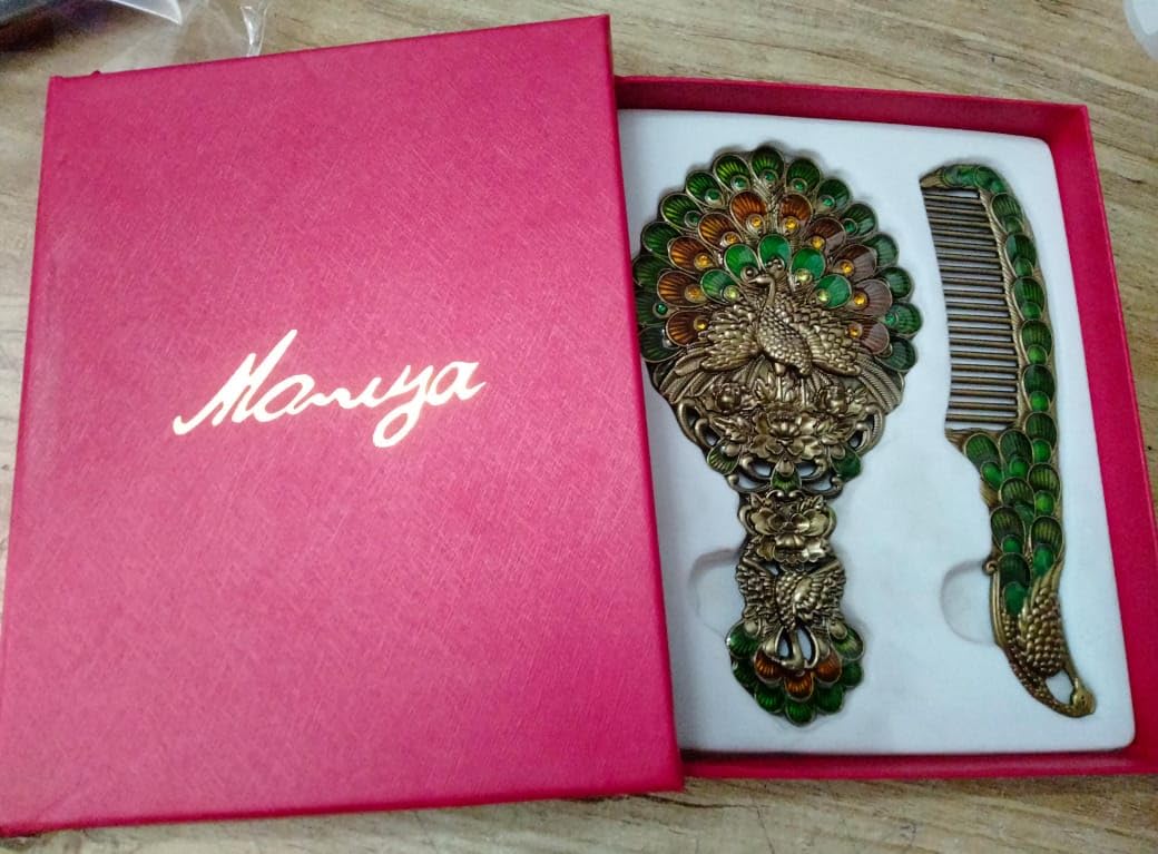 Webelkart Premium Handwork Peacock Hand Mirror with Comb Set Personal Makeup for Women/Girl Salon Mirror & Decorative Antique Item Women Gift Item (Multicolour)