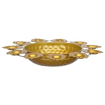 JaipurCrafts Premium Flower Diya Shape Gold Polish Decorative Urli Bowl for Home and Office Decor/Urli tealight Candle Holder/Diwali Decorations Items for Home Decor (14 Inches, Gold)