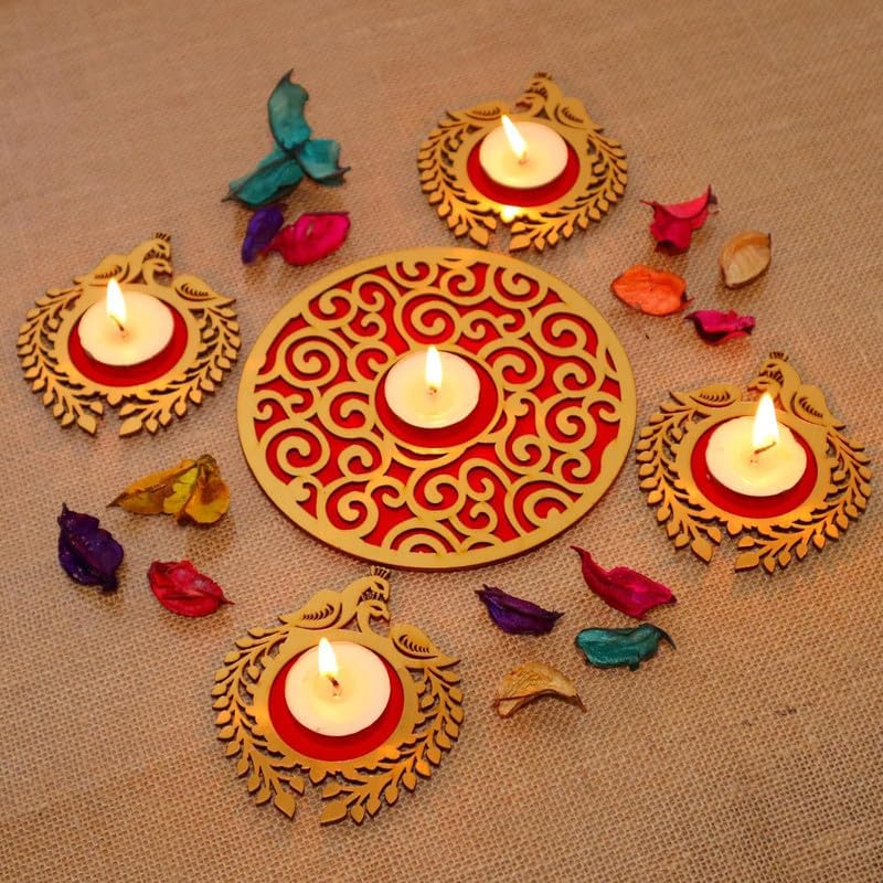 Webelkart Premium Wooden Peacock Shape Rangoli Shape Tealight Holder| Diwali Gift Item, Festival Decorative Item Tealight Candle Holder Multicolor Set Of 5