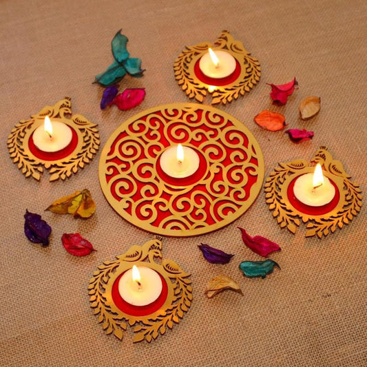 Webelkart Premium Wooden Peacock Shape Rangoli Shape Tealight Holder| Diwali Gift Item, Festival Decorative Item Tealight Candle Holder Multicolor Set Of 5