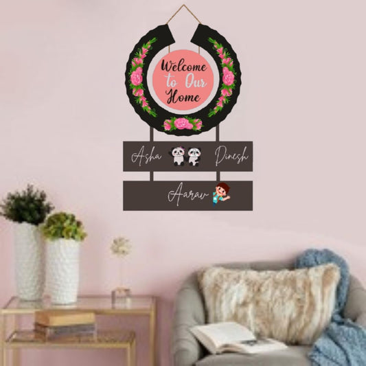 Webelkart Wooden Round Welcome To Our Home Customised Wall Hanging Name Plate For Home Entrance outdoor, Wooden Hanging House Name Plate - (16 x 10 Inches)