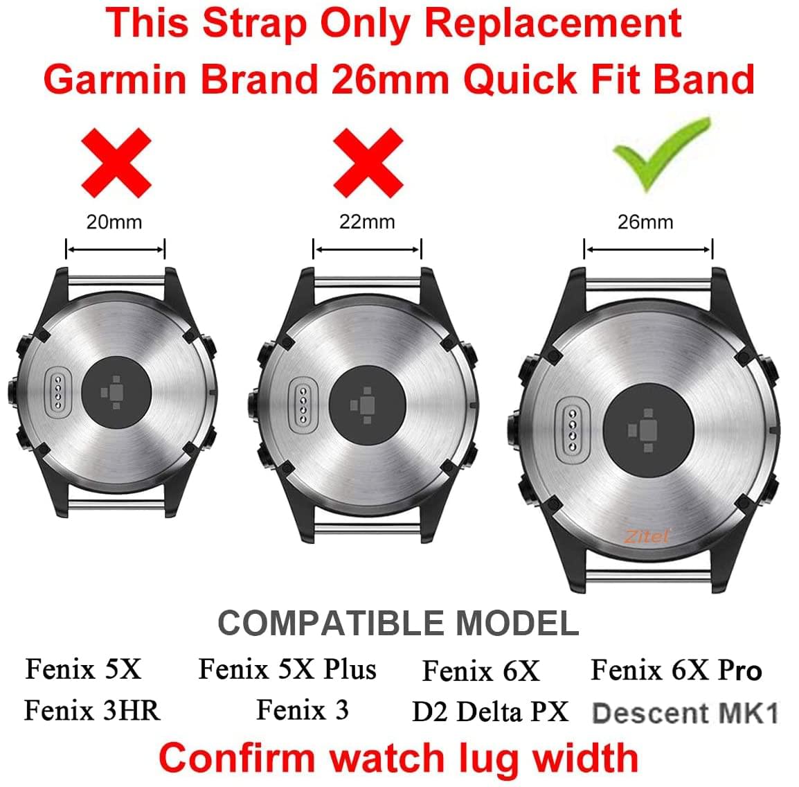 Zitel Band for Fenix 8 51mm, 7X/7X Pro, 6X/6X Pro, 5X/5X Plus, 3/3 HR, Descent MK1, Enduro, 26mm Sport Strap - Gray
