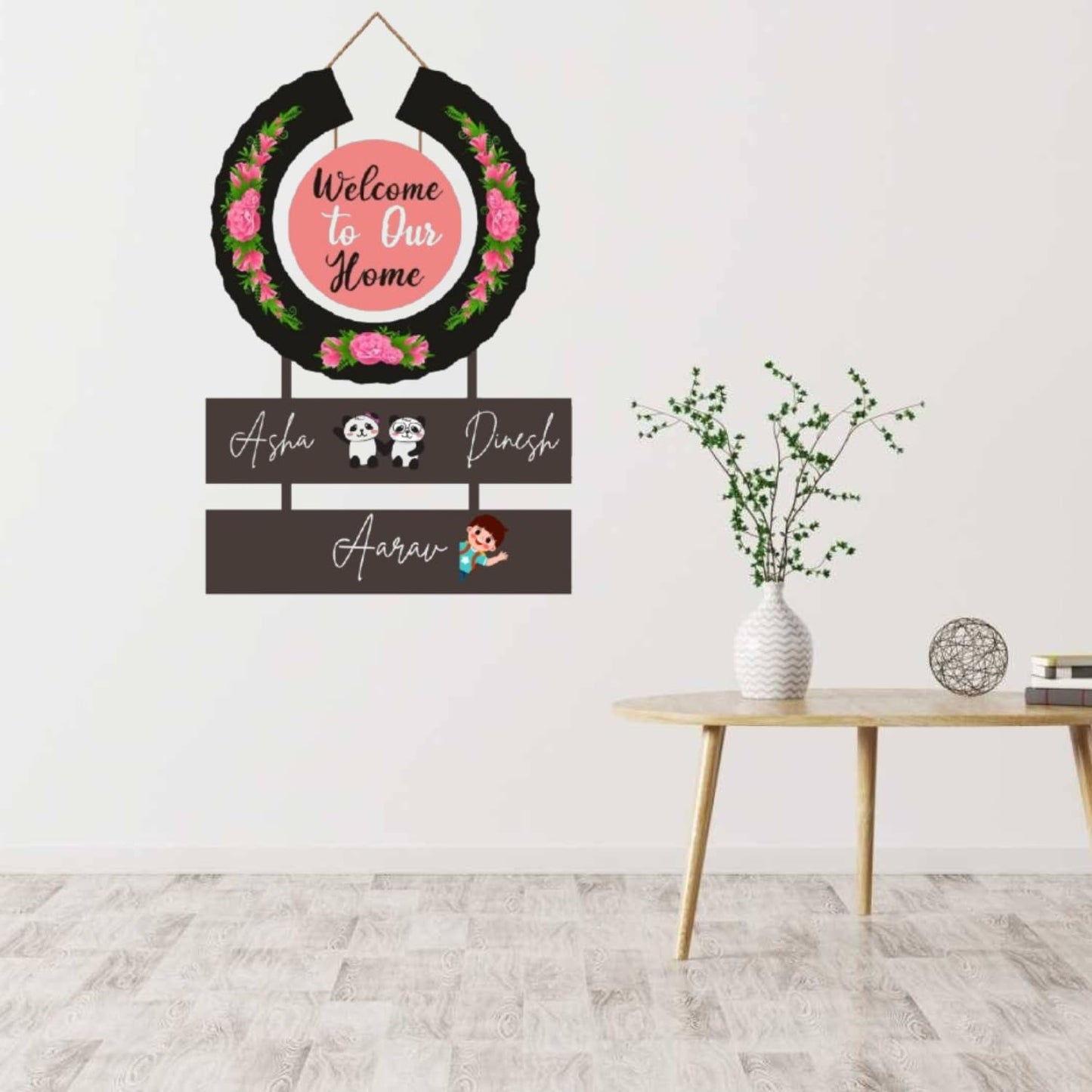Webelkart Wooden Round Welcome To Our Home Customised Wall Hanging Name Plate For Home Entrance outdoor, Wooden Hanging House Name Plate - (16 x 10 Inches)