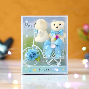Webelkart®Premium Valentine Heart Shape Box with 3 Pink Roses,1Teddy and 1 Artificial Gold Rose and White Plastic Cycle with Teddy Bear and Rose Petals Gift Box (Sky Blue) for Valentine's Gift