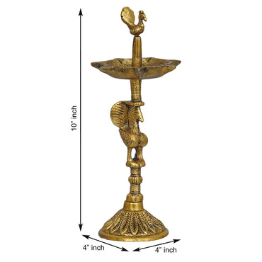 JaipurCrafts Premium Peacock Indian Traditional Metal Table Deepak Samay Diya Oil Diwali Puja Lamp, Golden- 10 Inches