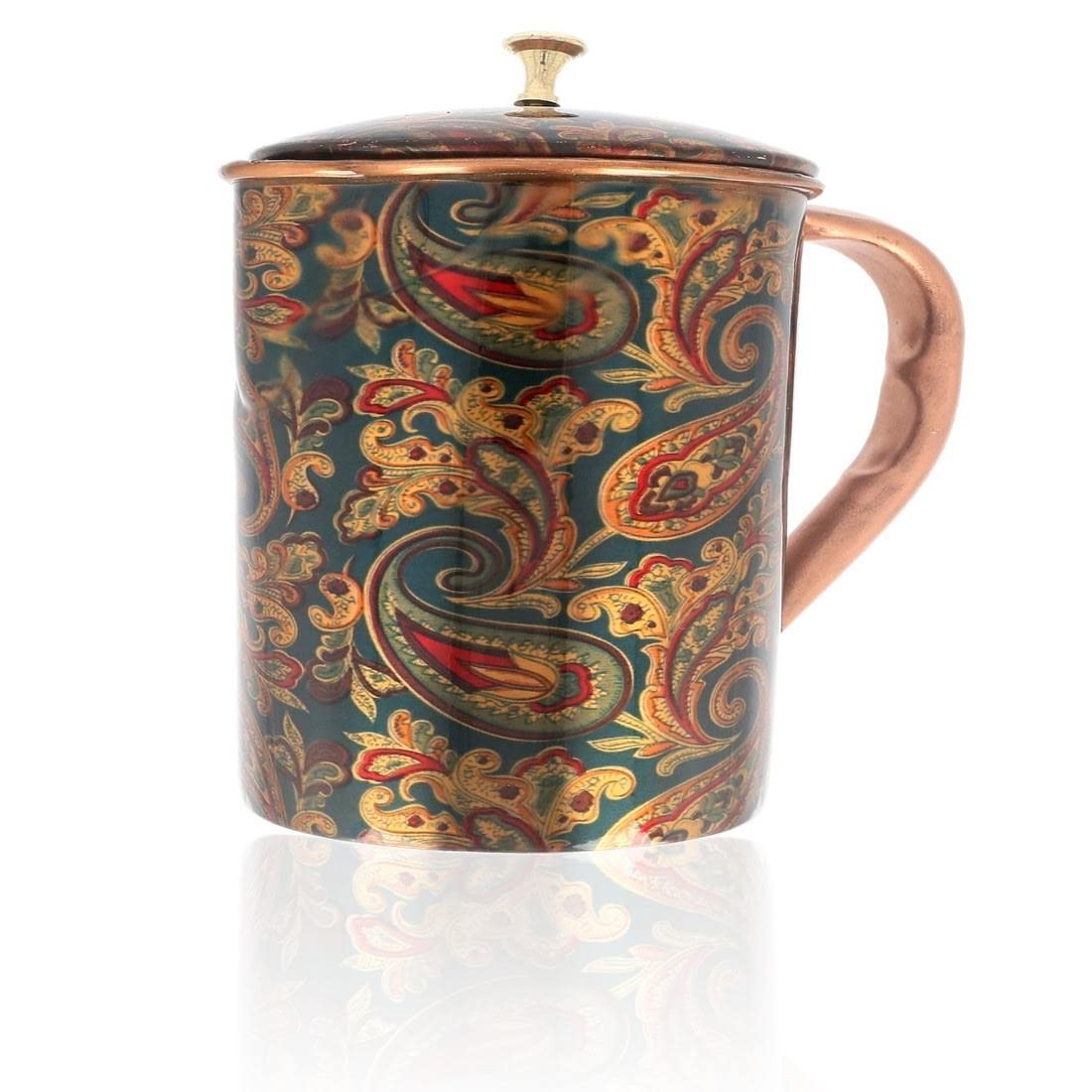 JaipurCrafts Pure Copper Modern Art Printed and Outside Lacquer Coated Jug, Travelling Purpose, Yoga Ayurveda Healing, 1200 ML Jug with 2 Glasses