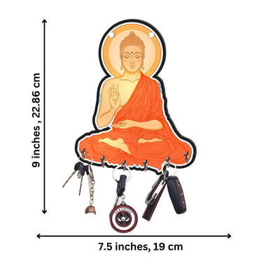 JaipurCrafts Premium Sitting Meditating Gautam buddha Printed Wooden key holder for home and office decor, keychain holder for home (multi, 9 inches)